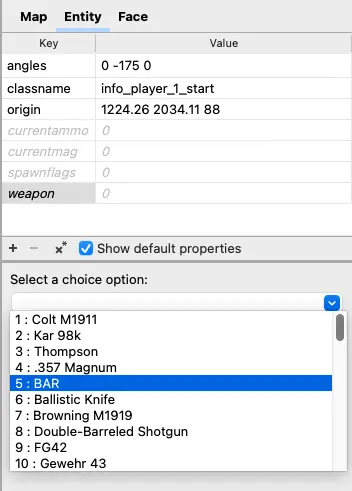 An example of a map maker assigning Player 1's starting weapon